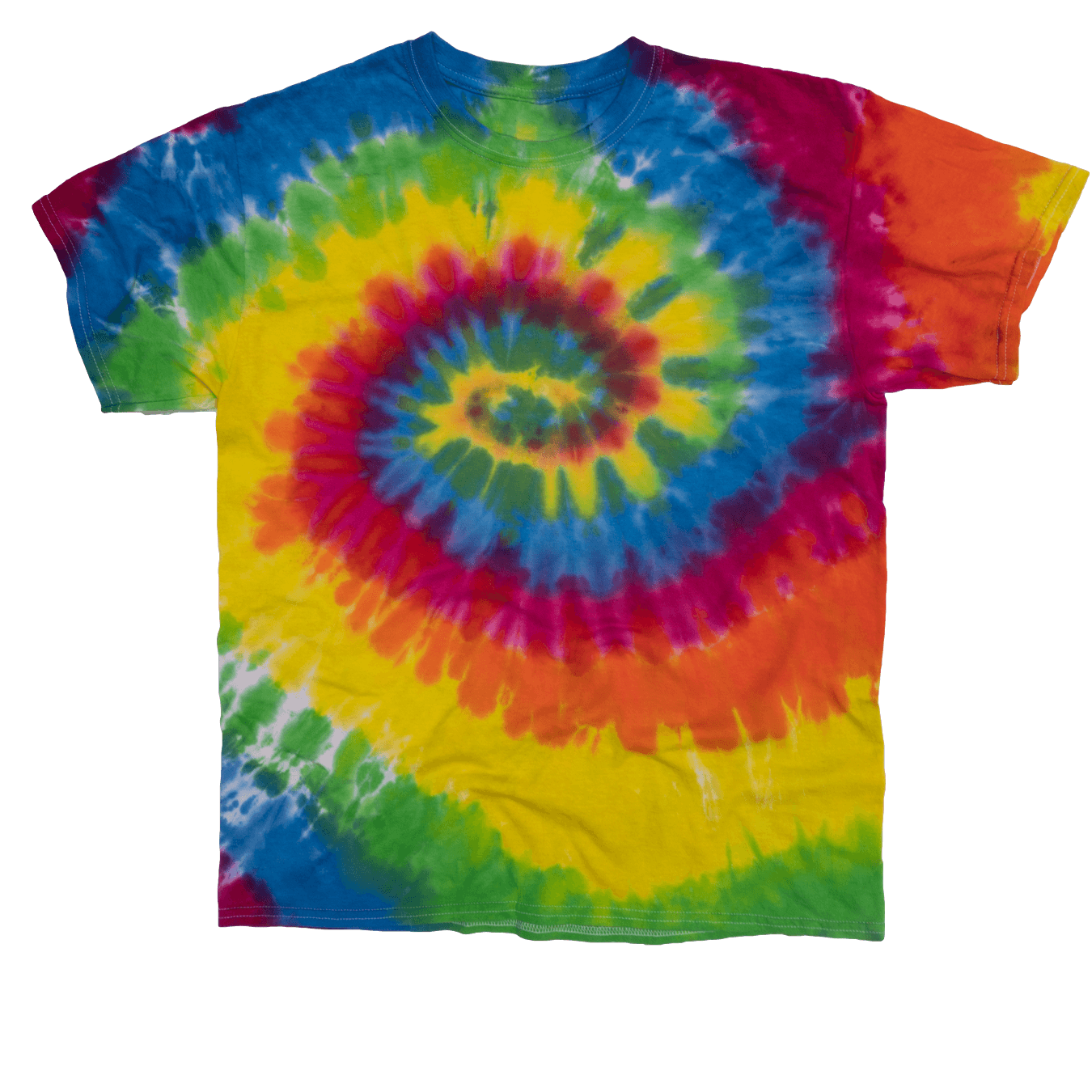 Vibrant rainbow spiral tie-dye t-shirt against a plain background.