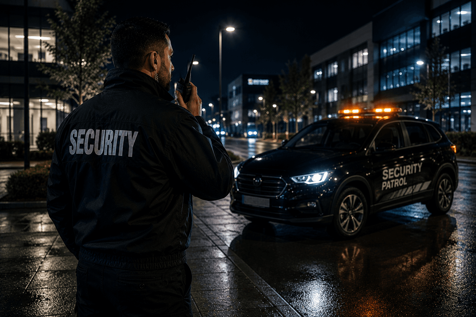 Mobile patrol security officer communicating by radio beside a marked patrol vehicle in a business park at night.