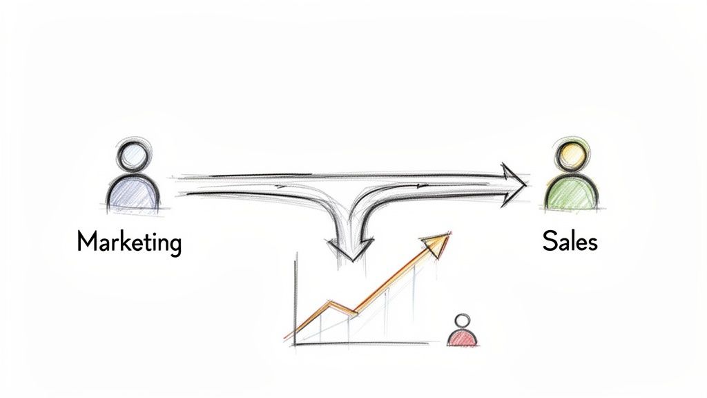 Hand-drawn diagram showing marketing and sales collaboration, with leads flowing to sales and generating growth.