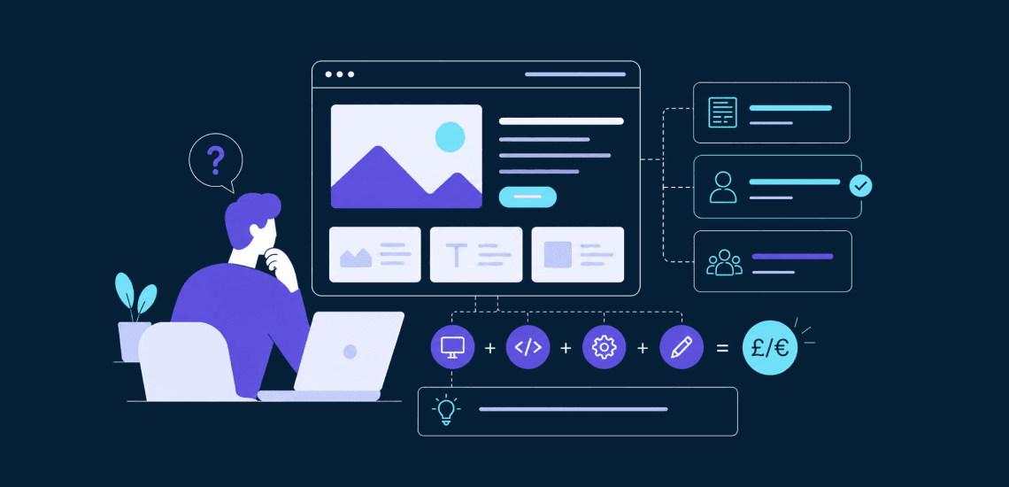 Website design and analytics illustration, with user interacting with data