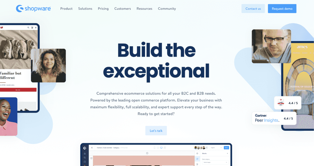 Shopware homepage 'Build the exceptional' promoting ecommerce solutions for B2C and B2B
