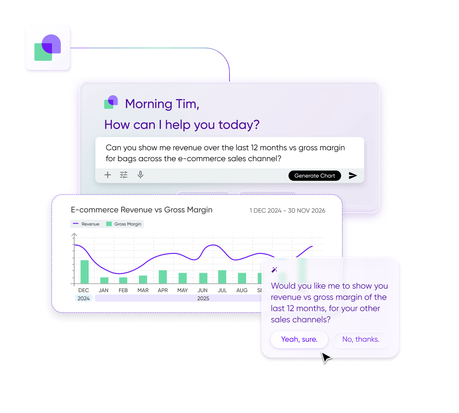 Tightly software seasonality analysis showing low stock of SKU #BH-004-9Z bucket hat, recommending replenishment of 120 units based on current vs last year sales data.