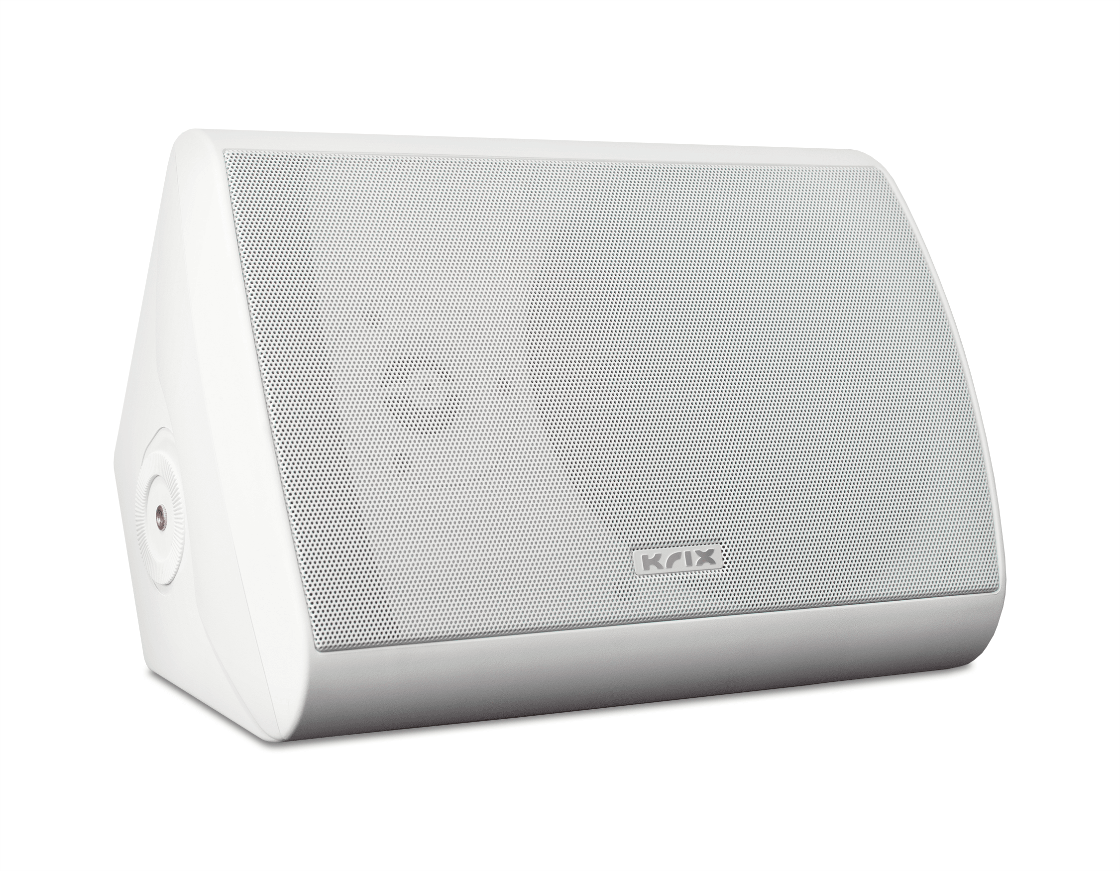 White Krix speaker with mesh grill and logo