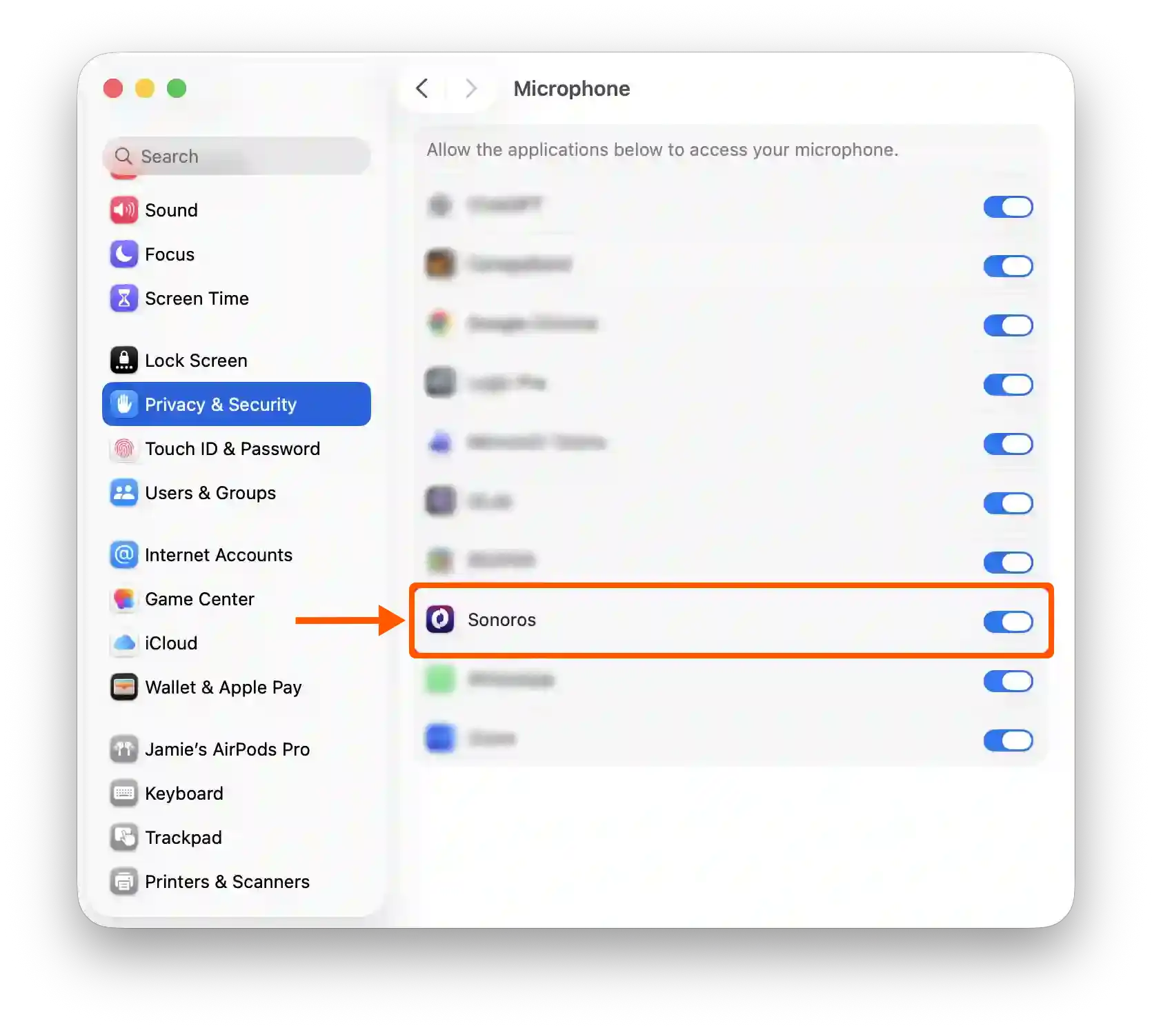 Check Mac audio permissions are enabled for Sonoros