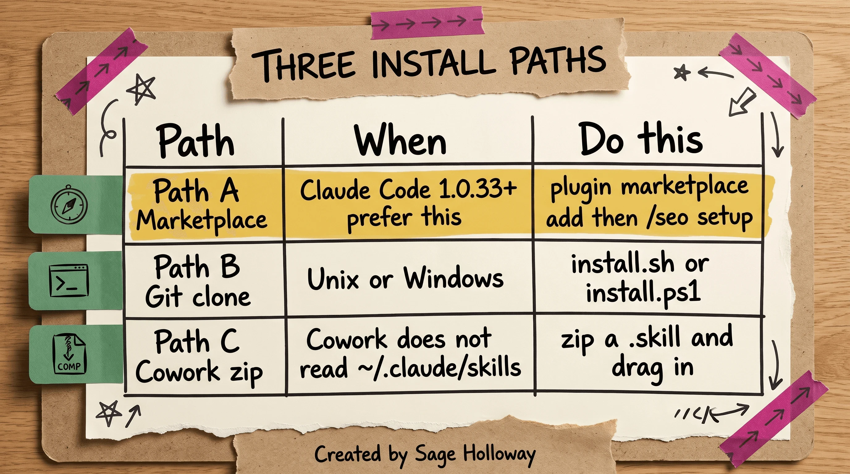Table comparing marketplace, git clone, and Cowork zip install paths for Claude Code SEO