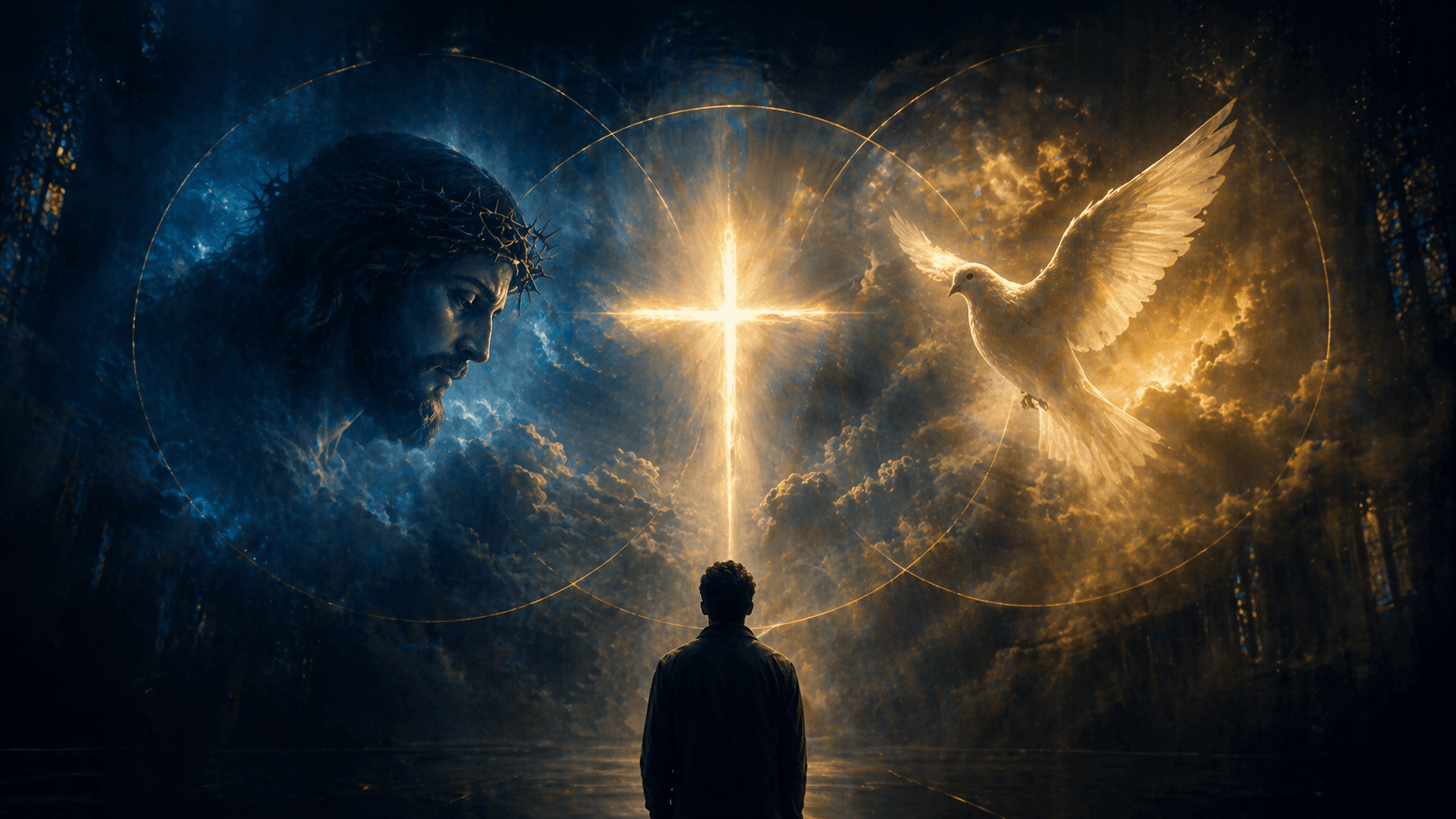 Cinematic, symbolic scene showing a glowing cross at the centre, with a figure standing below looking upward, surrounded by dramatic clouds and light, representing the concept of the Trinity.