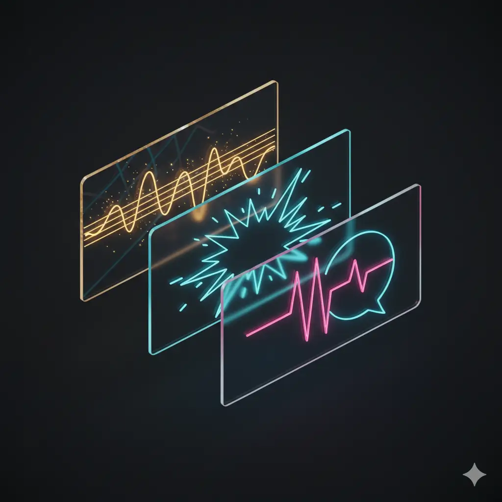 Three layered translucent panels with neon waveform graphics: yellow sine waves, cyan burst, and pink heartbeat inside a speech bubble.