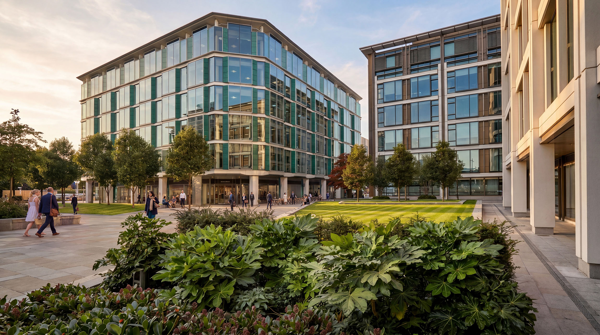 Architectural CGI render of modern buildings and green space.