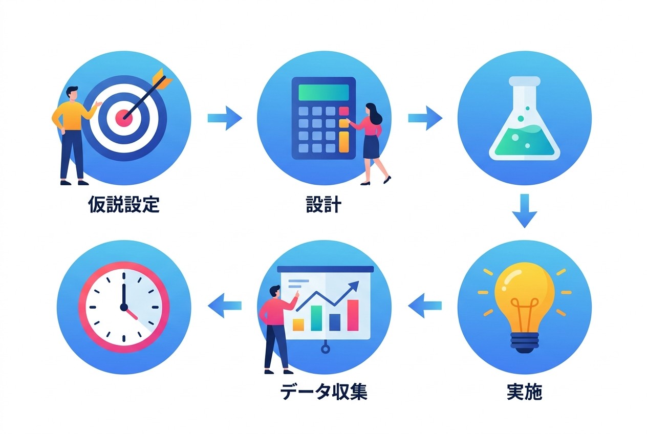 A/Bテスト成功の6ステップ。仮説設定→テスト設計→実施→データ収集→統計分析→勝ちパターン実装の流れで、通常4-8週間のサイクルとなる。