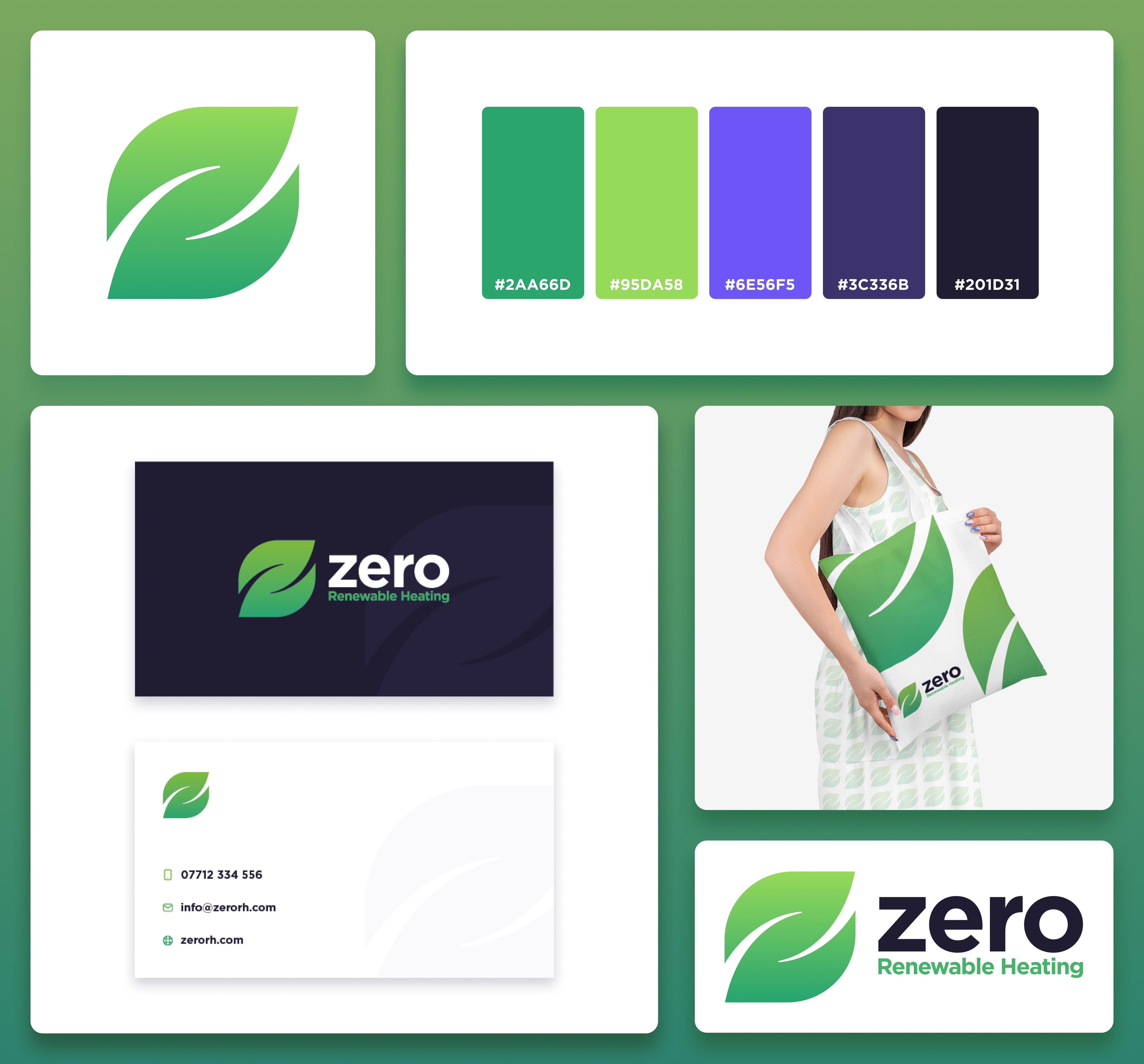 A bento board layout showing different branding elements for an energy company including a colour palette, business card, and logo