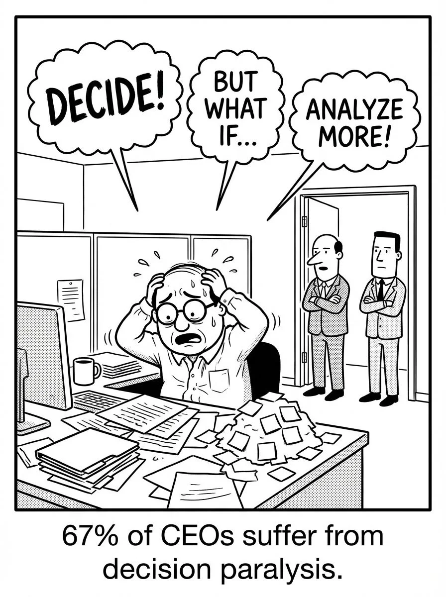 Cartoon of a CEO overwhelmed at his desk with competing thoughts — Decide! But what if... Analyze more! Caption: 67% of CEOs suffer from decision paralysis. — Rajesh Nagjee