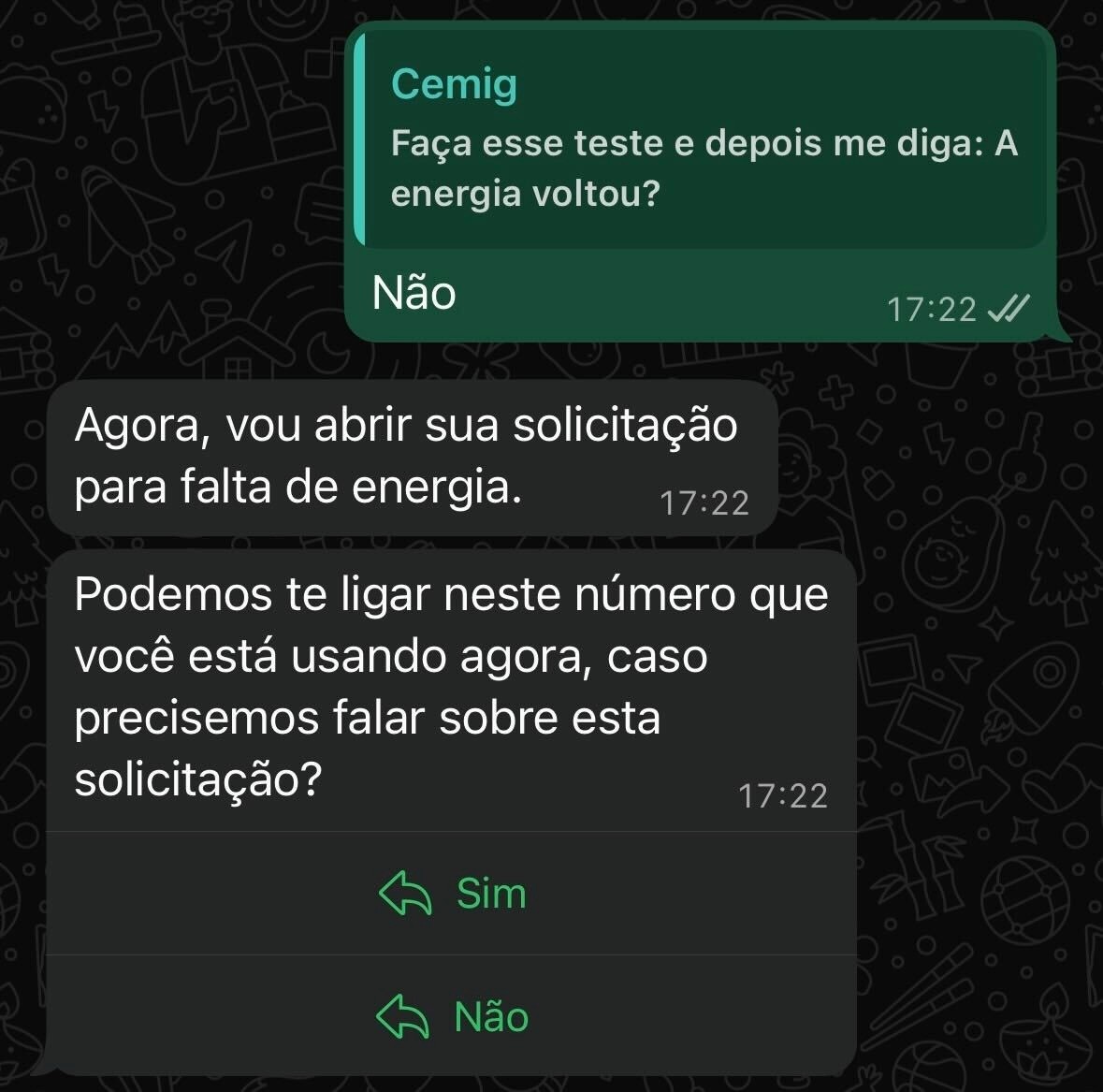 Tela de Atendimento da Cemig por Whatsapp
