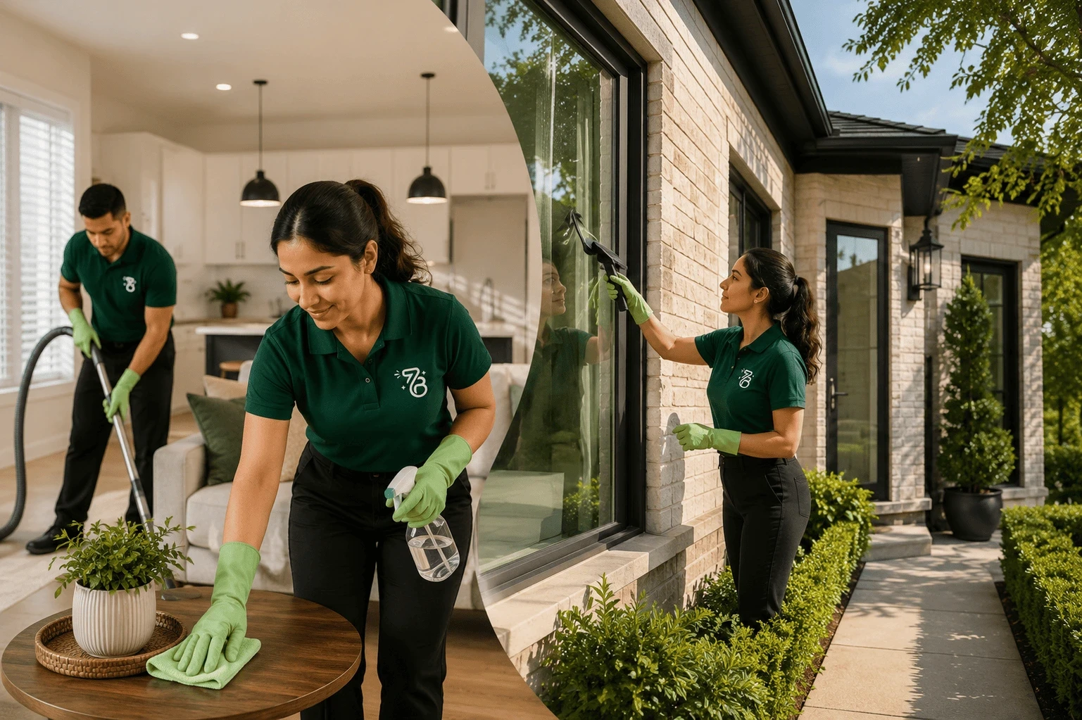 A professional window cleaning technician with Brenda's Cleaning service using a squeegee to clean a large exterior house window. She is holding a blue microfiber cloth in her other hand and wearing a branded navy uniform polo, matching cap, black apron, and blue safety gloves. The scene demonstrates professional residential window washing services on a bright day outside a brick home with landscaped green bushes and hydrangeas.