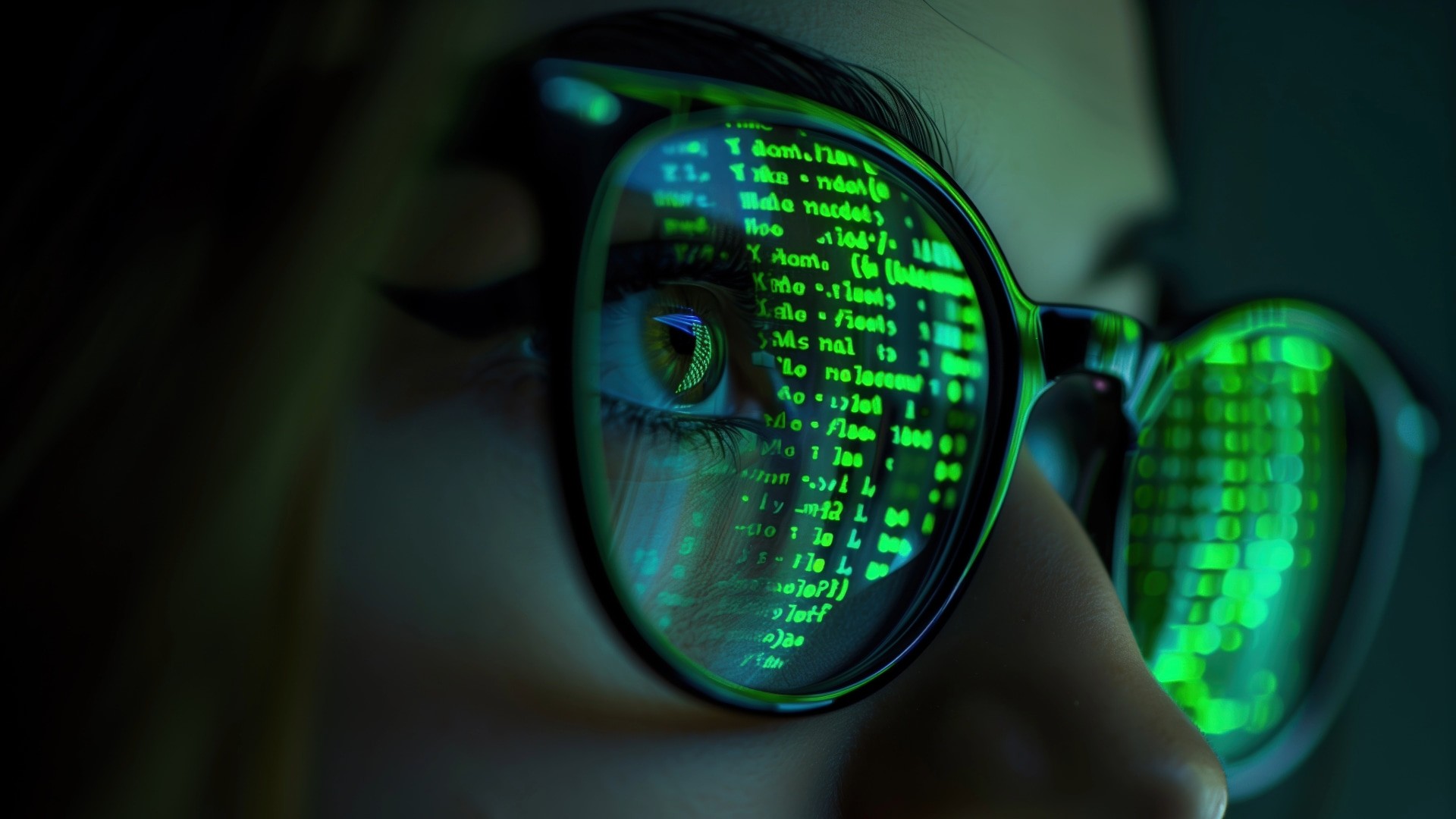 AI code tool green reflection in girl glasses