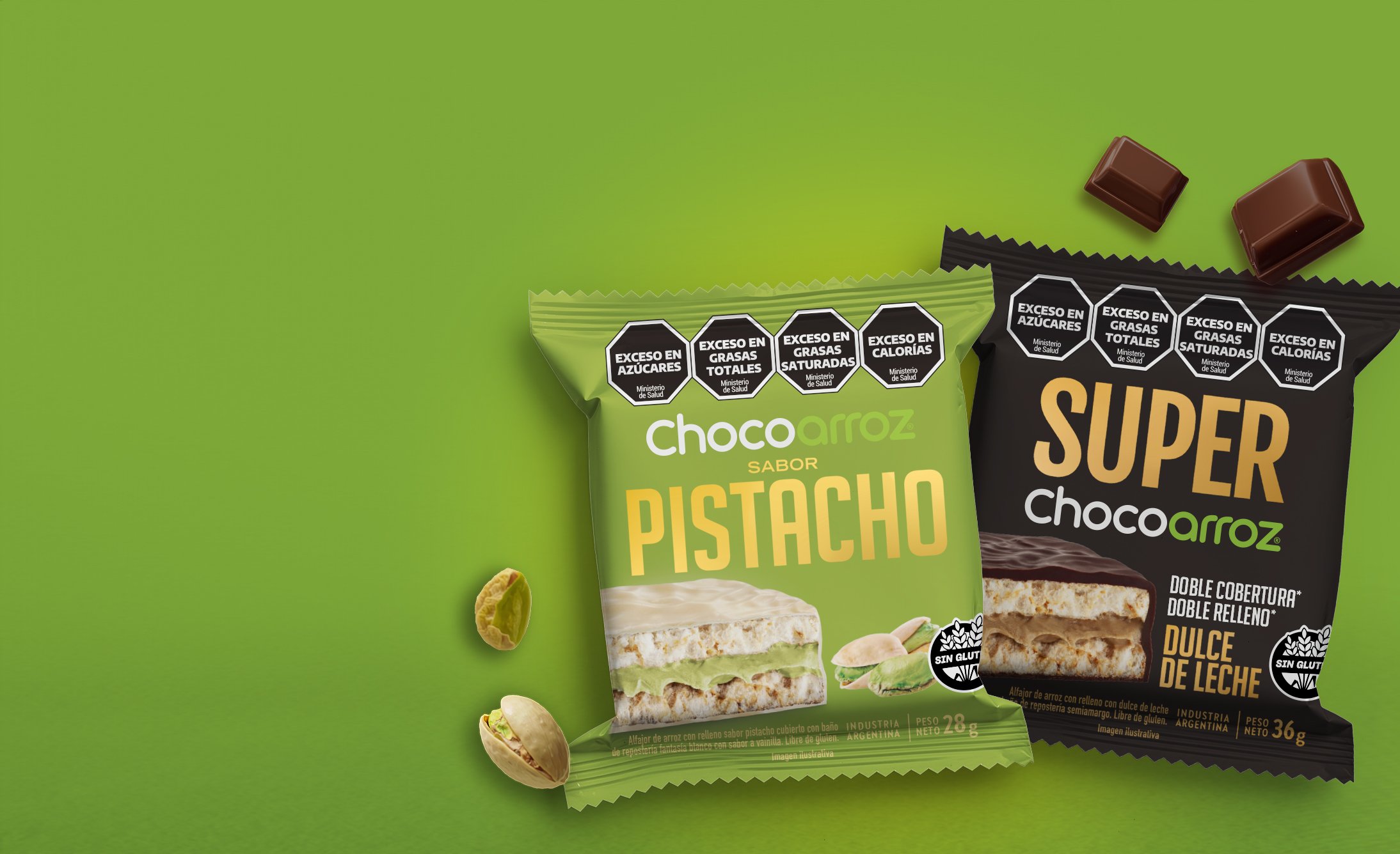 Two packets of "Chocoarroz" snacks are displayed on a green background. One is pistachio-flavored with visible green accents and pistachios, the other features dulce de leche with chocolate chunks.