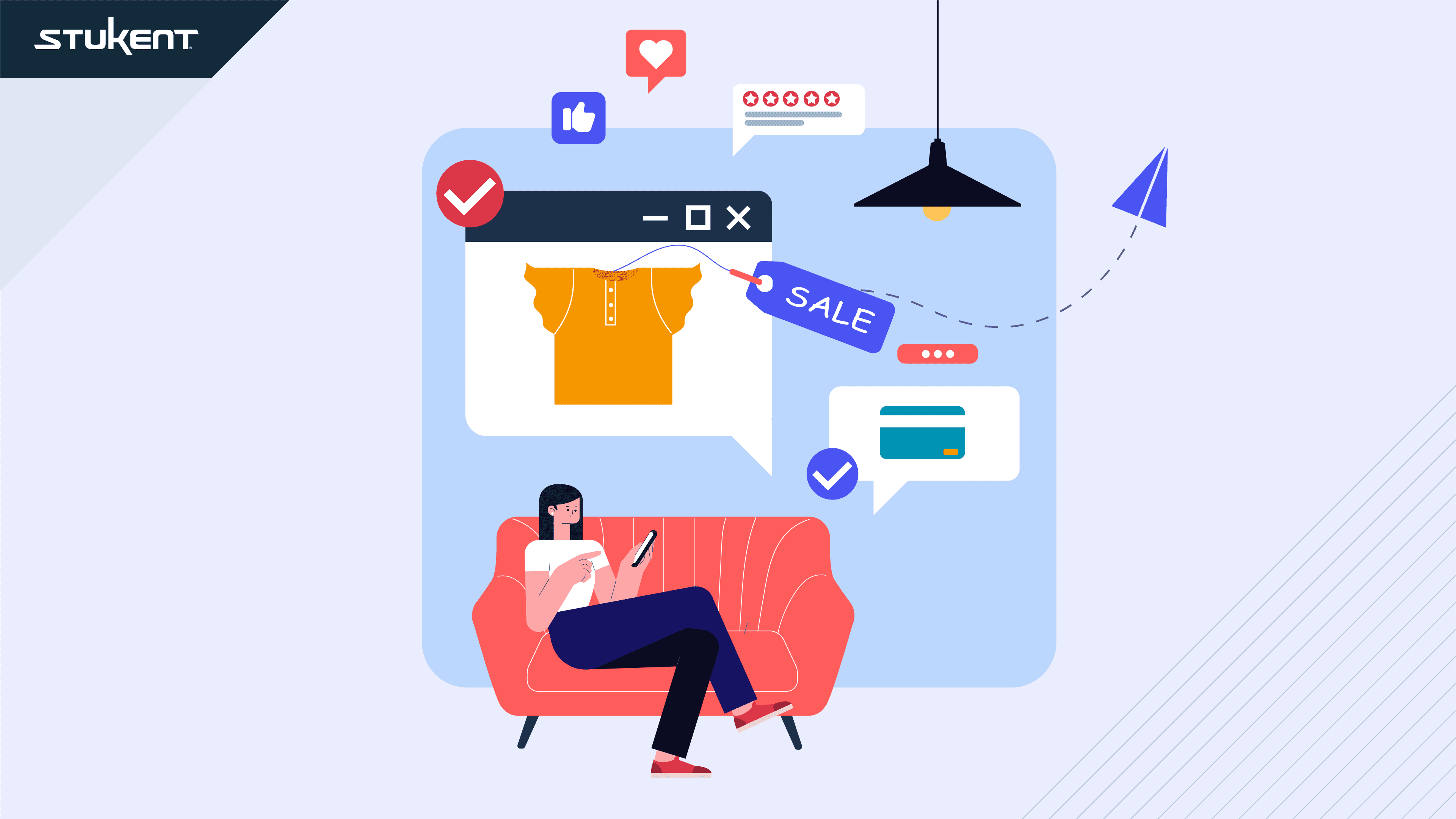 Animated graphic of a woman sitting on a couch on her phone. She is shopping of a bag and looking for a sale.