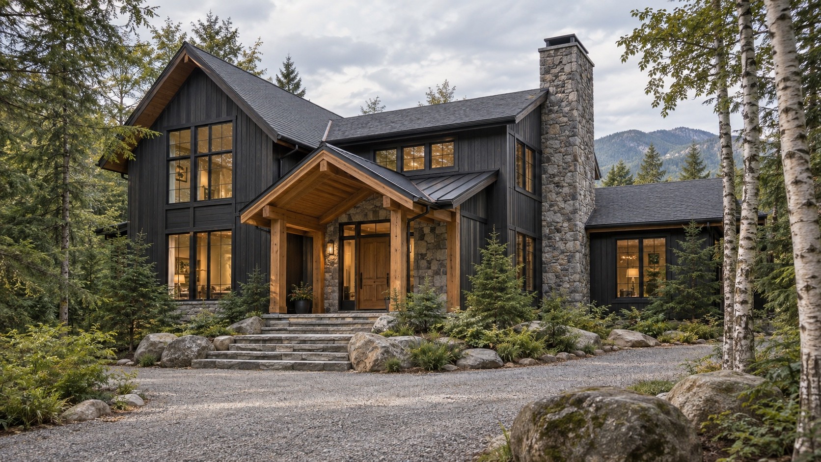 The welcoming front entrance of The Hemlock House in the Adirondack forest