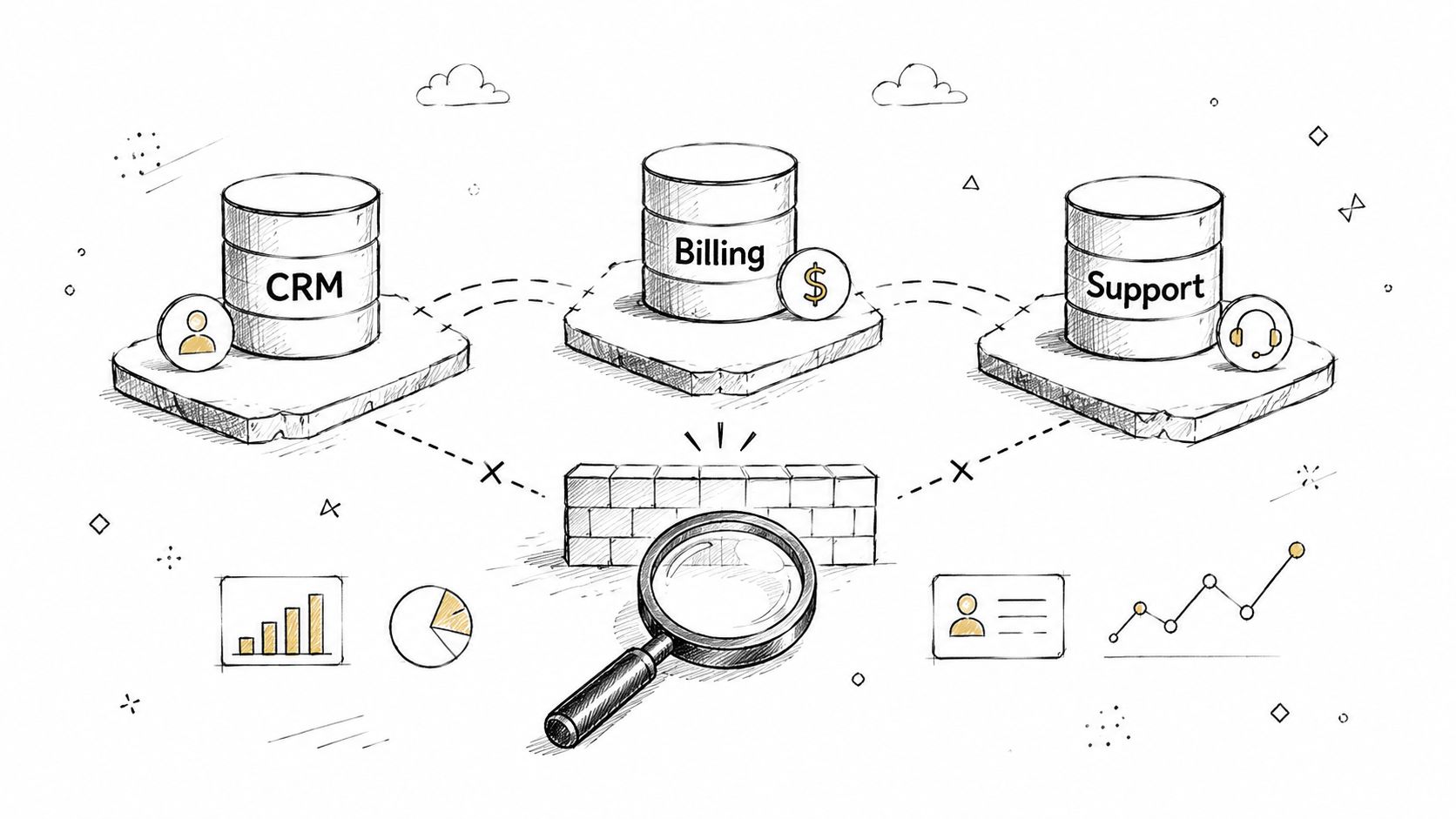 A conceptual hand-drawn diagram illustrating data silos and separation between CRM, Billing, and Support software systems.
