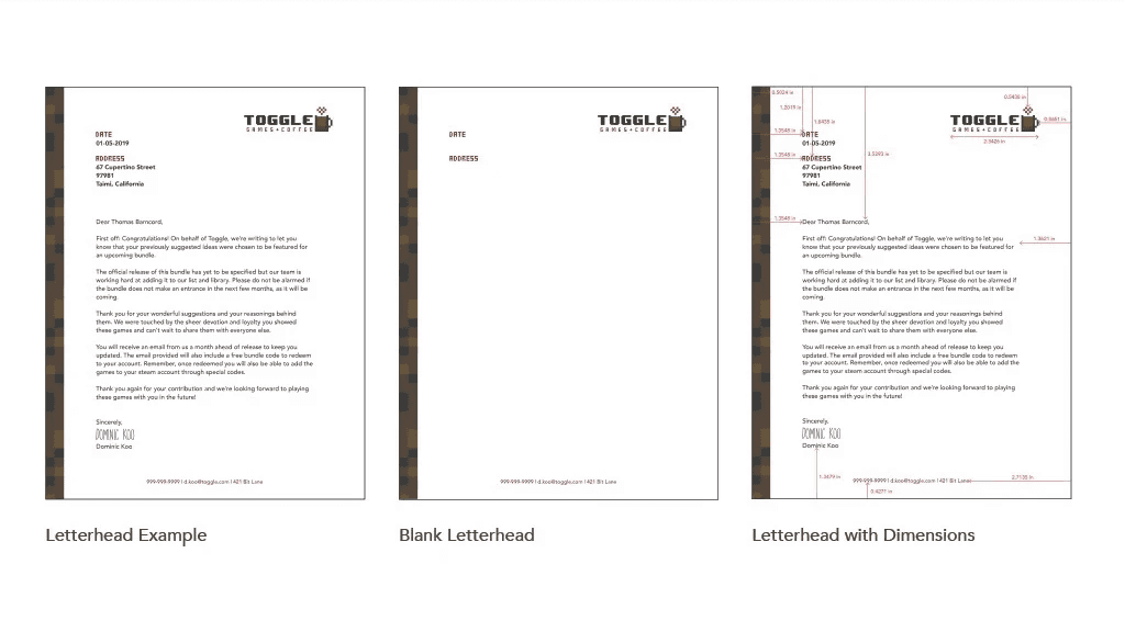 Image from Toggle's identity handbook showcasing letterhead designs and layouts.
