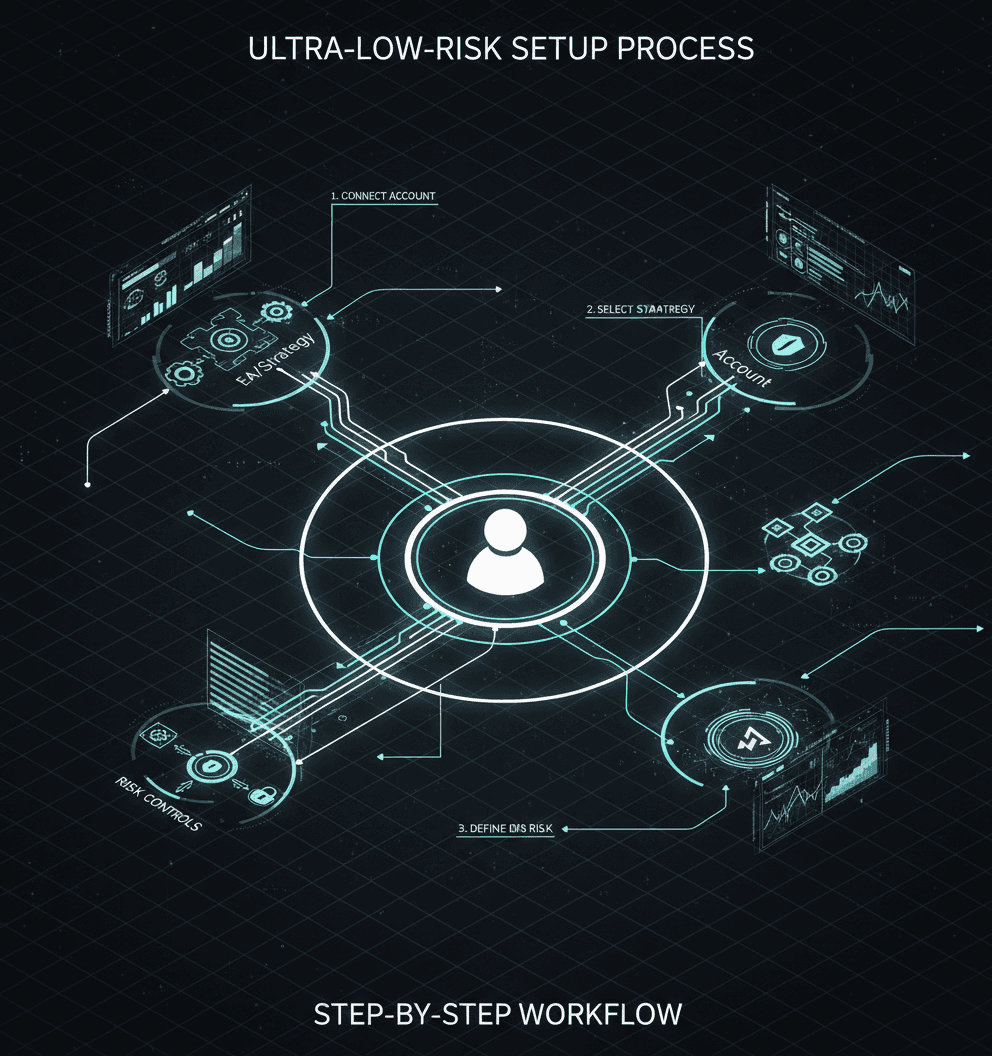 An isometric blueprint of a user linking their cent account to Copygram for ultra-low-risk, step-by-step copy trading and EA testing.