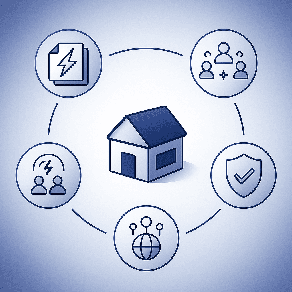 Five core AI CMS capabilities encircling a small business storefront