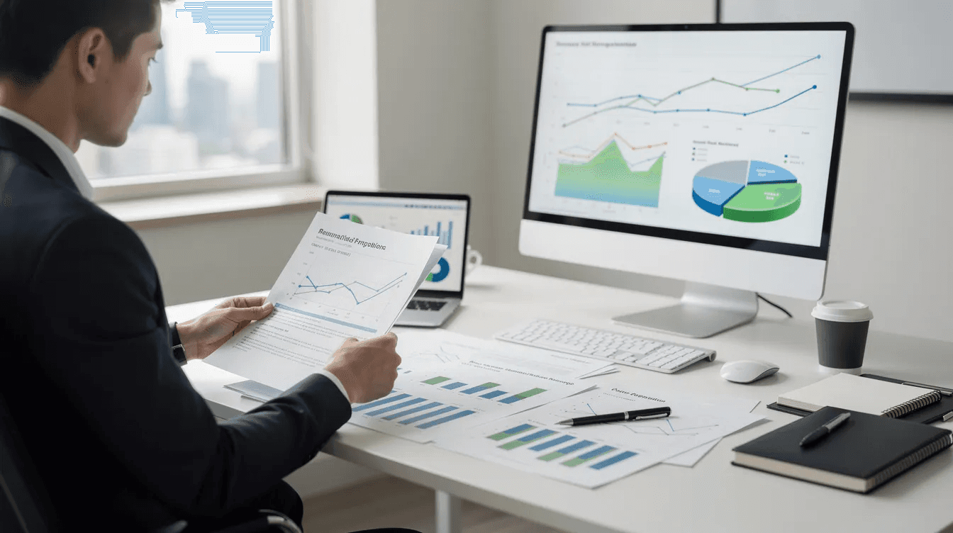 A professional is seated at a desk, intently reviewing financial documents with various charts displayed, highlighting strategies for charitable giving and tax benefits, such as immediate tax deductions and the advantages of donor advised funds. The scene emphasizes the importance of tax planning and the potential for tax savings through contributions of appreciated assets.