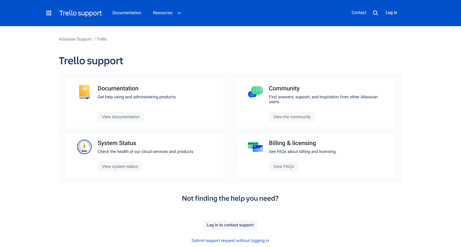 Trello support page screenshot