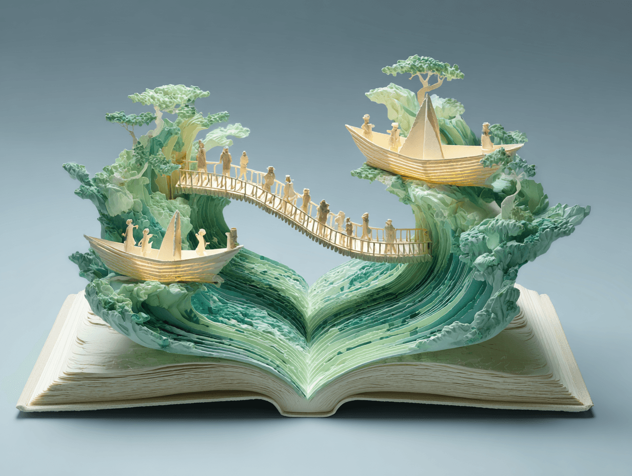 Libro aperto con due barche pop-up e un ponte sospeso tra onde di carta verde, attraversato da figure umane, simbolo della collaborazione e del coinvolgimento tra stakeholder.