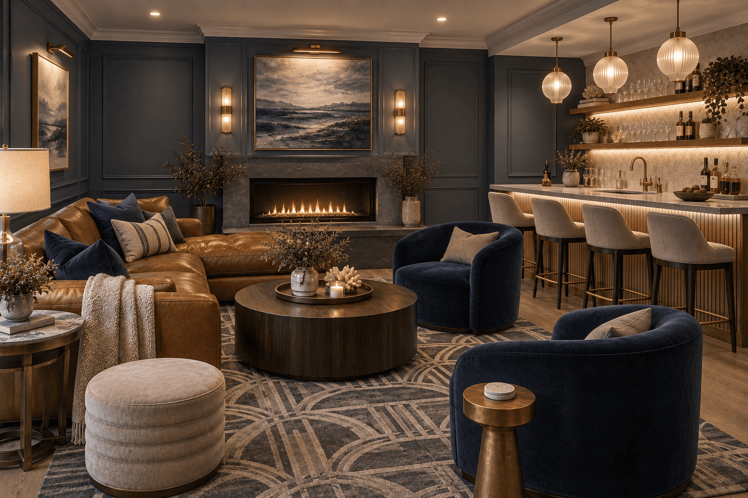 Luxury modern living room with built-in home bar, navy paneled walls, leather sectional sofa, velvet chairs, marble fireplace, and warm ambient lighting.