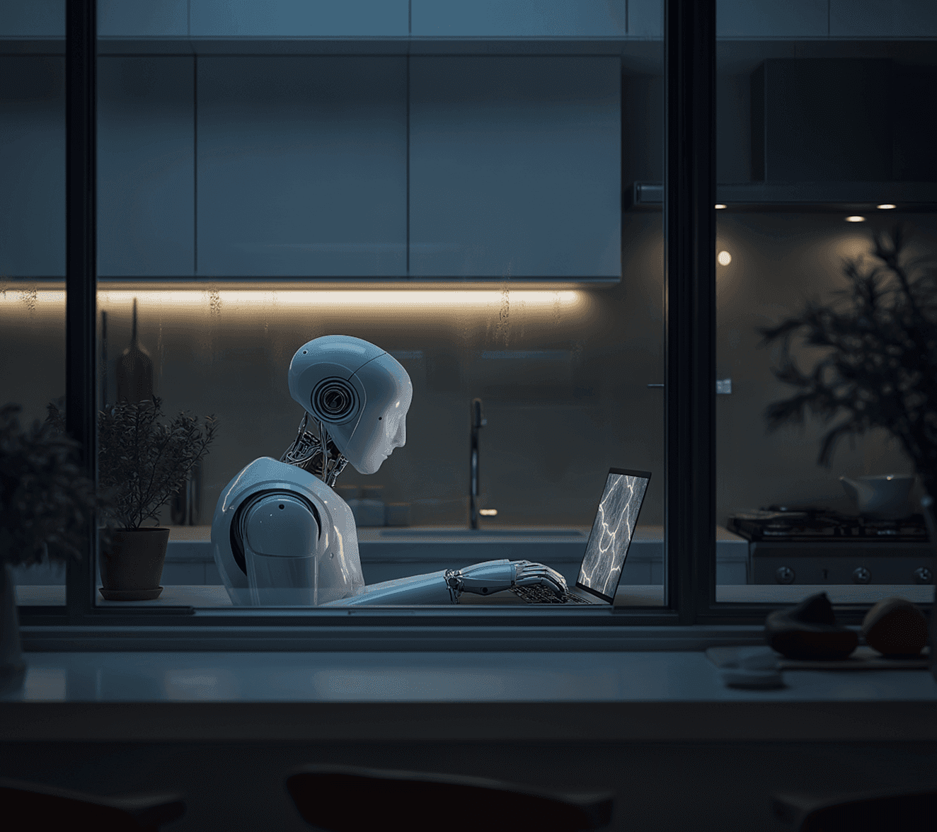 A robot at a kitchen table, engaged with a laptop, illustrating a blend of technology and home life.