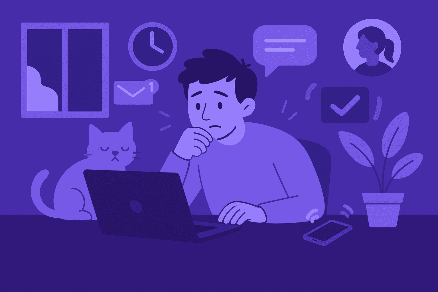 A flat-style digital illustration of a remote worker at home surrounded by distractions such as pets, notifications, and background noise, struggling to maintain focus.