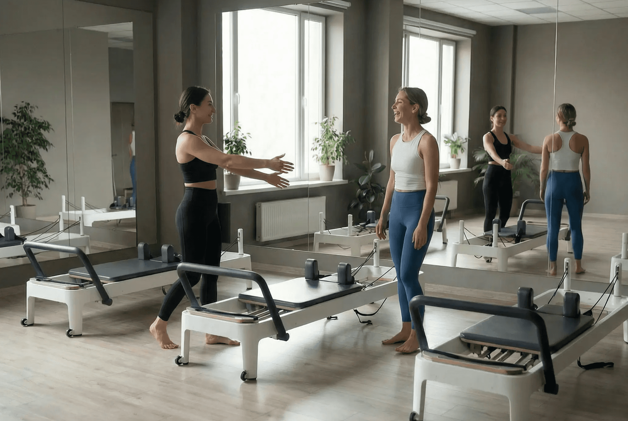 2 women standing in front on mirrors in pilates studio