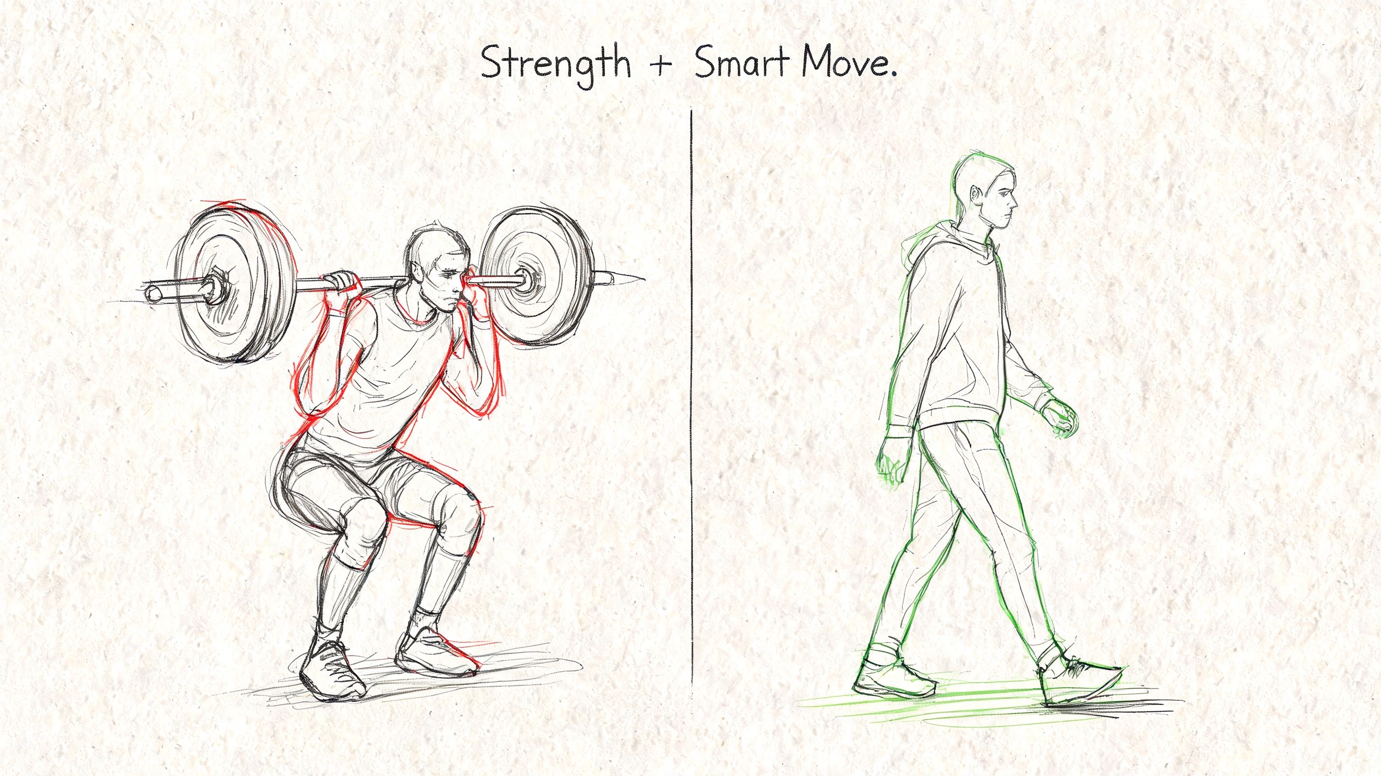 A split image showing a man performing a weighted barbell squat and a man walking outdoors casually.