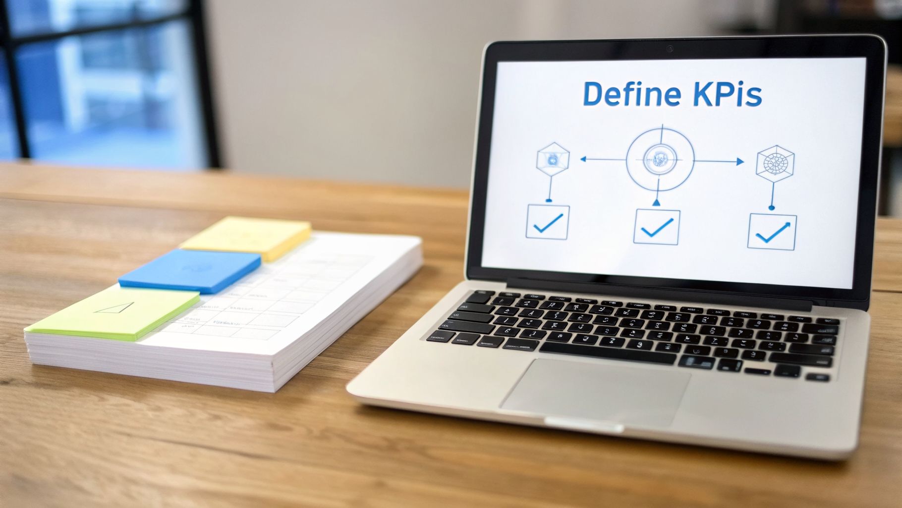 A laptop on a wooden desk displays a 'Define KPIs' diagram, with sticky notes and papers nearby.