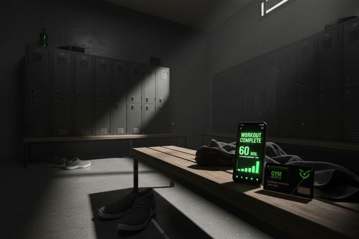 Workout tracker app in a gym locker area