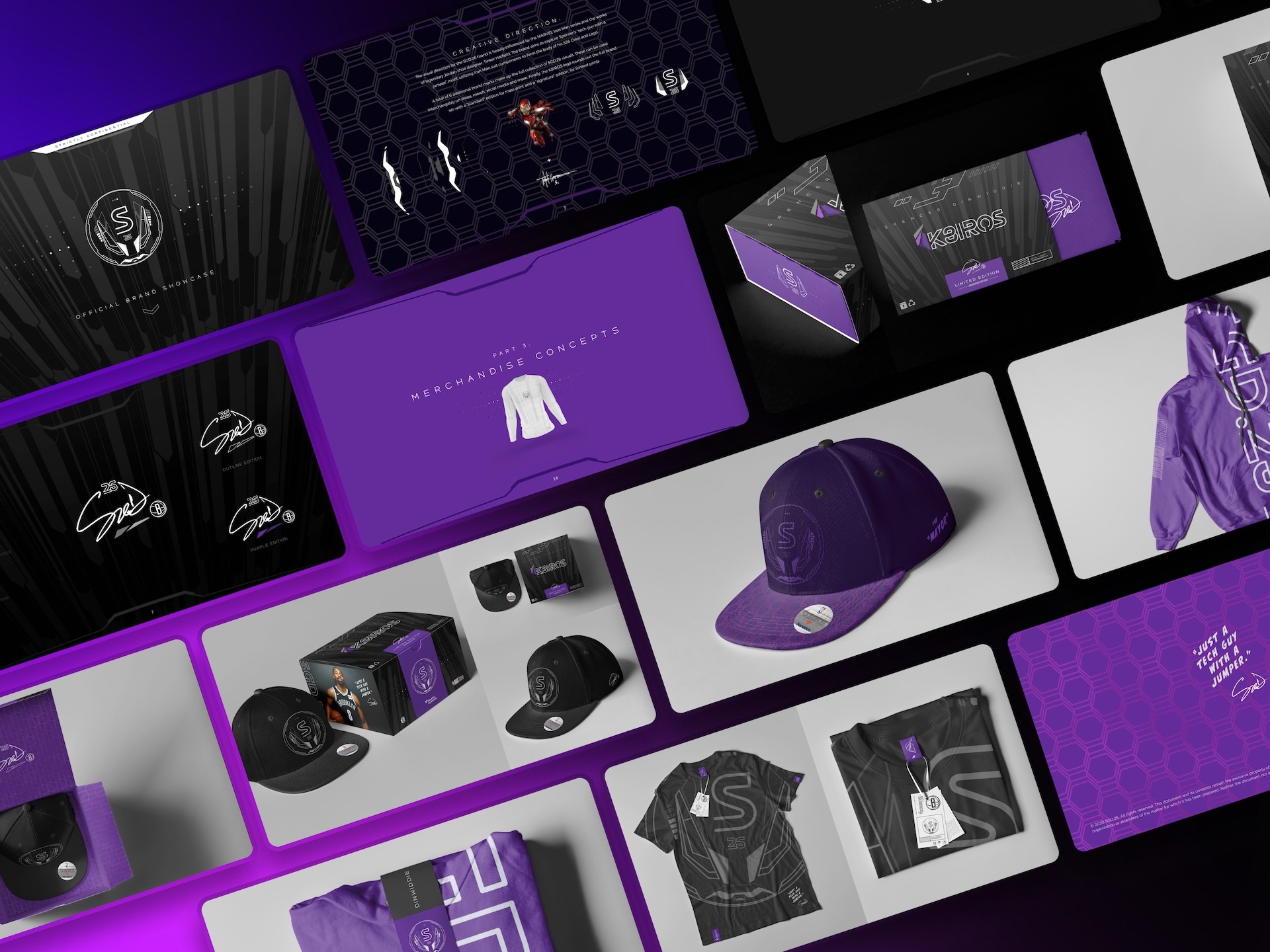 Spencer Dinwiddie SGD.26 brand collage showing merchandise concepts including K8IROS packaging, snapback hats, hoodies, jerseys, and presentation slides in purple and black