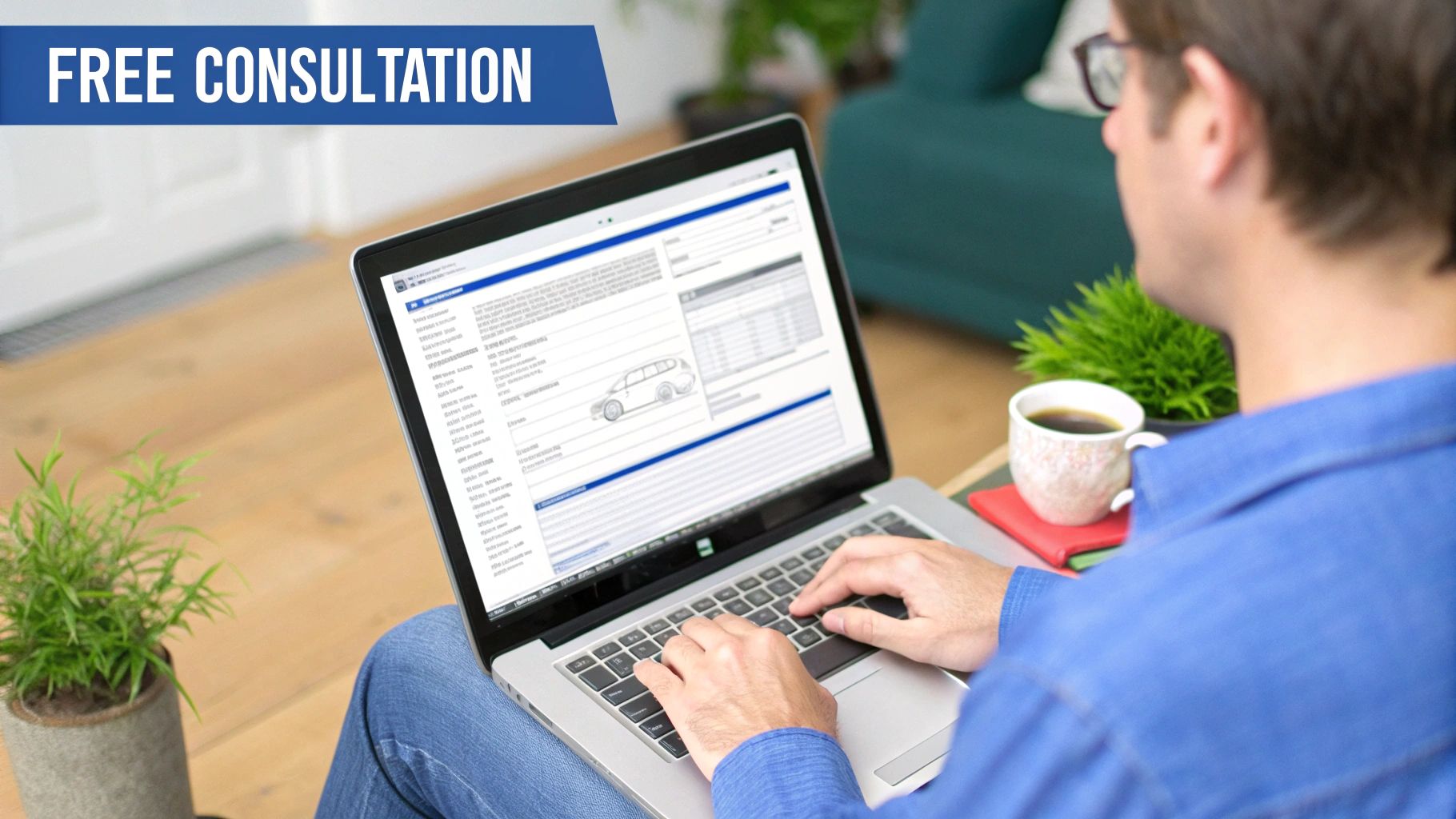 A person in a blue shirt uses a laptop showing car details. A 'FREE CONSULTATION' banner is in the top left corner.