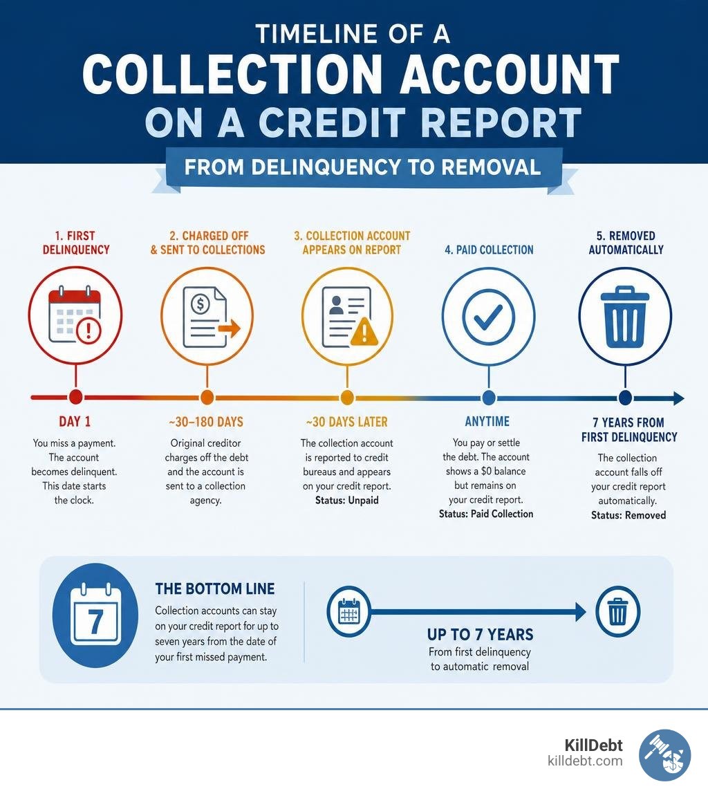 Timeline of a collection account on a credit report from delinquency to removal infographic