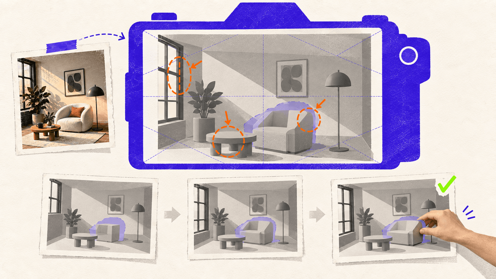 A gray 3D blockout is progressively aligned with a reference silhouette through camera and proportion corrections.