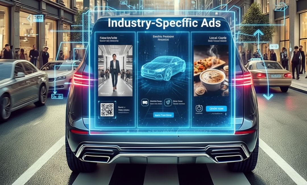 Digital car-mounted screen displaying industry-specific advertisements, including fashion, automotive, and food content, while driving through a busy city street.