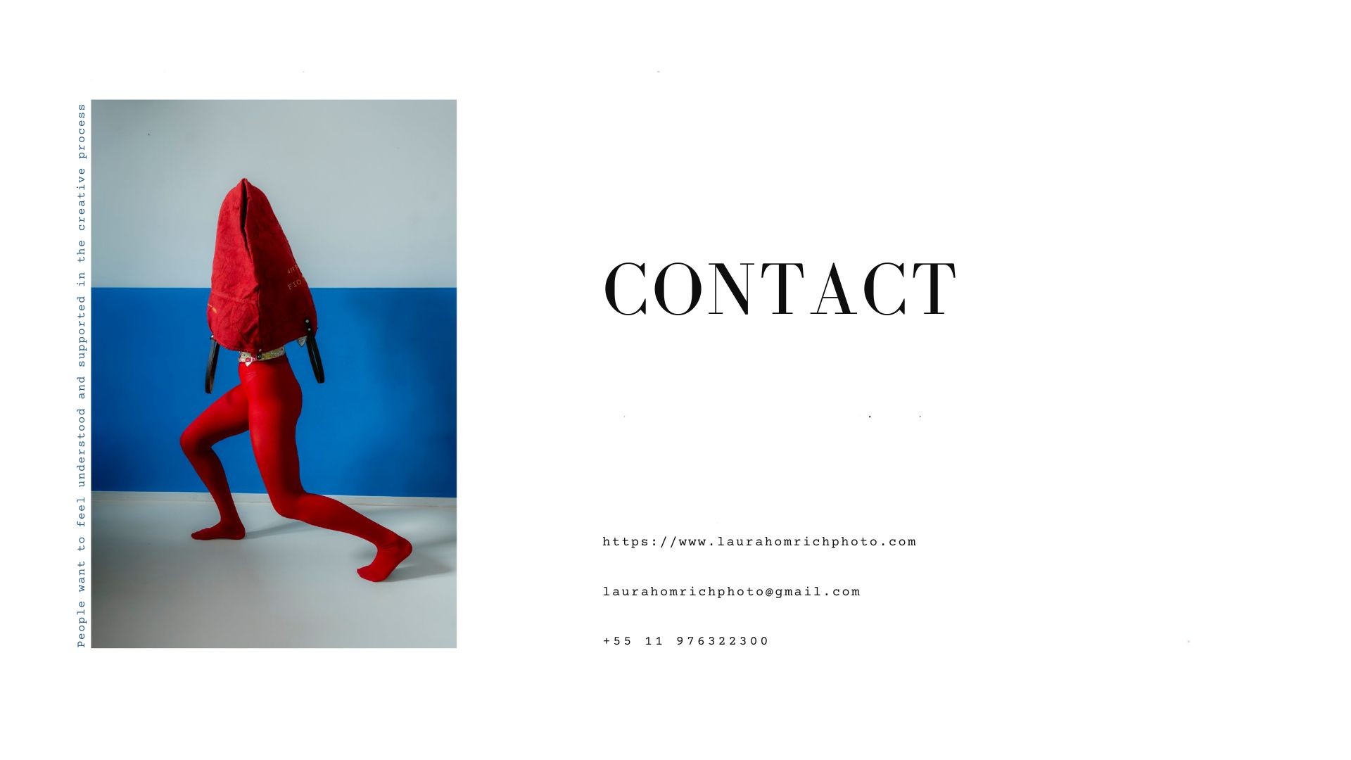 Editorial photograph of a model in bold red garments walking across a minimalist set, accompanying Laura Homrich’s contact information page.