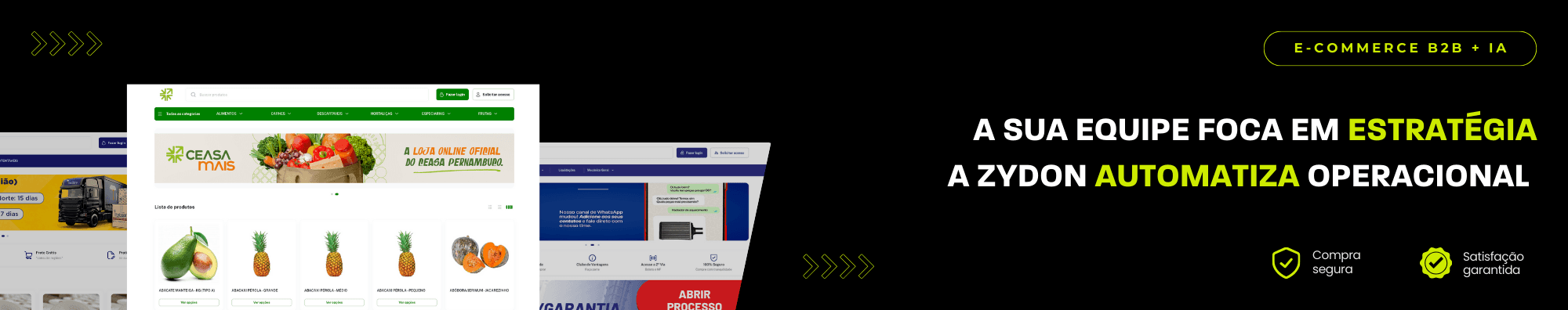 Banner horizontal com fundo escuro, ícones de segurança e satisfação, e imagens de lojas B2B exibidas à esquerda. Elementos gráficos em verde destacam o tema de e-commerce B2B com IA.