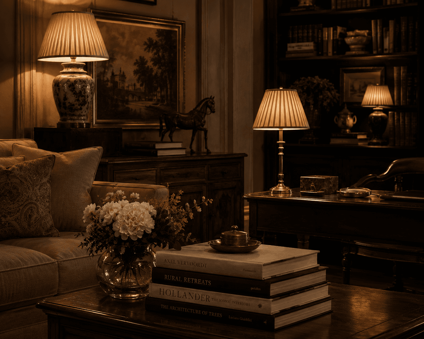 Warmly lit classic study interior featuring a stack of coffee table books next to a vase of white flowers on a wooden table in the foreground. In the background, pleated table lamps illuminate dark wood furniture, a sofa with patterned pillows, a small bronze horse statue, framed artwork, and built-in bookshelves.