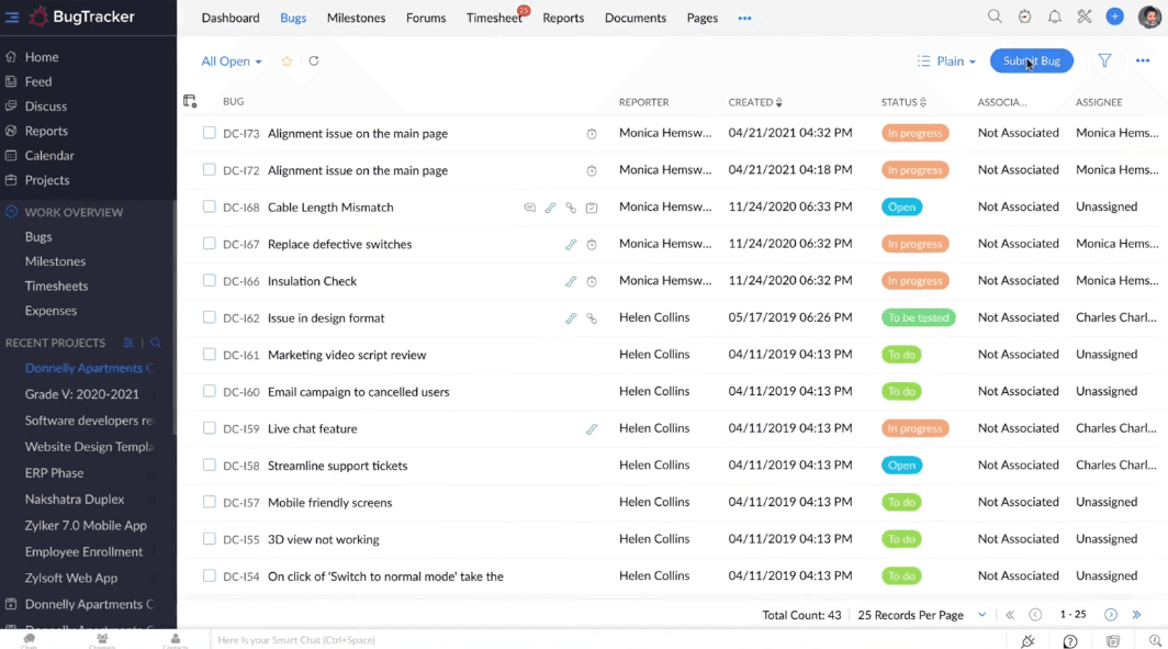 Zoho’s bug tracking template