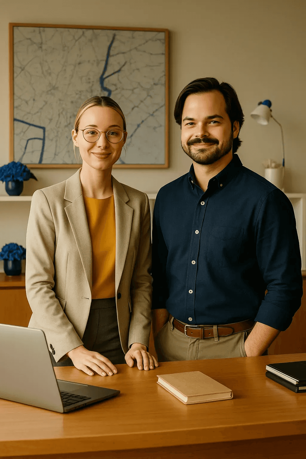 Man and woman standing together at a desk with a laptop and notebooks, smiling at the camera.