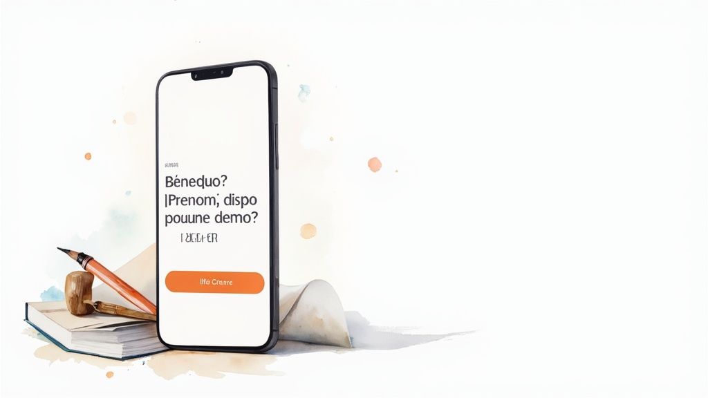 Illustration aquarelle d'un smartphone affichant une demande de démo, accompagné d'un livre et d'un crayon.