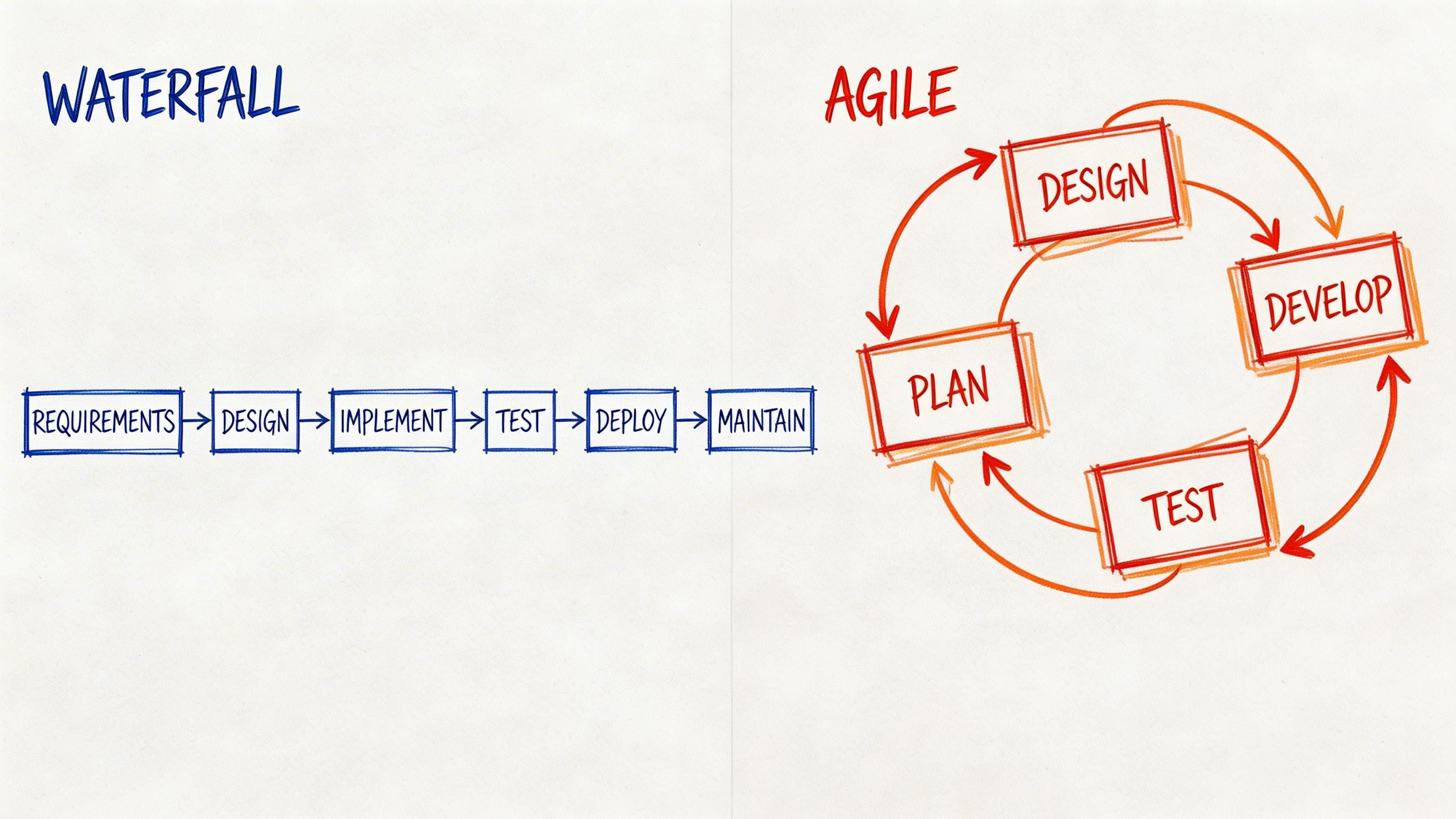 A diagram comparing linear waterfall project management with an iterative, circular agile development process model.