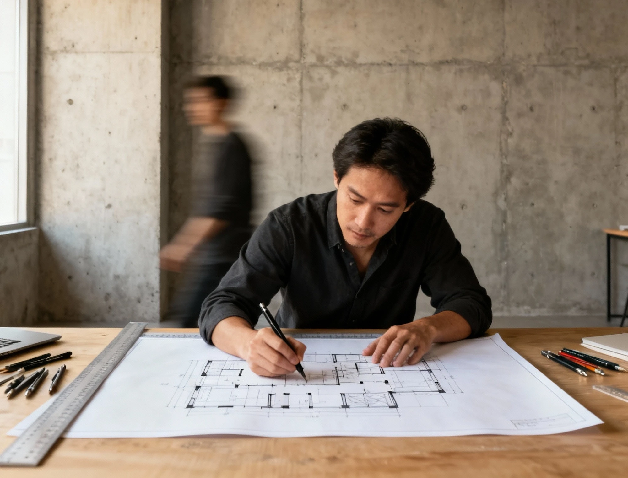 Architect sketching building floor plan at concrete studio table.