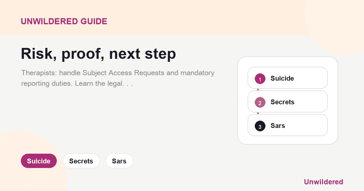 Explainer card for Secrets, SARs, and Suicide: The Legal Boundaries of Therapy: Suicide, Secrets, Sars.