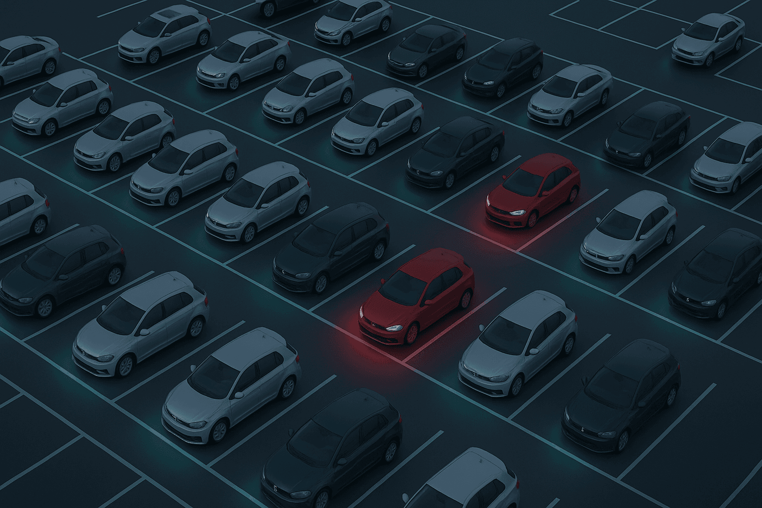 A drone view at night of parking lot lines